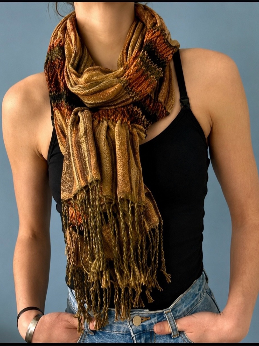 Vintage 90s Textured Knit Scarf | Rust Mustard Olive | Boho Fringe